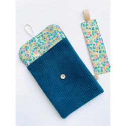 Pochette à livre matelassée et marque-page velours fleur bleu vert