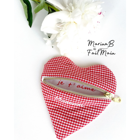 Pochette cœur avec message Vichy rouge et inscription blanc
