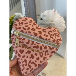 Pochette cœur avec message léopard corail et inscription or